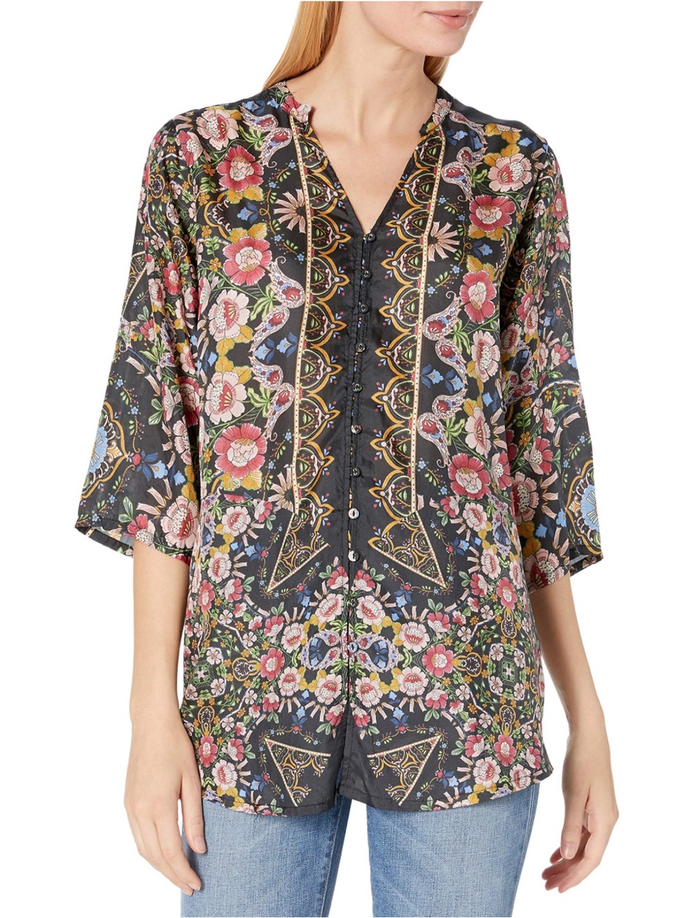 JOHNNY WAS Corin Silk Floral Floral Blouse Button Front